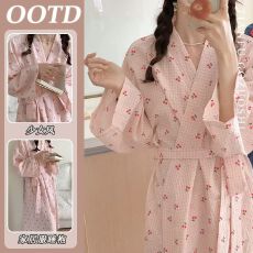 批发睡袍女<b class='q'>春</b>秋新款长袖睡蓝格樱桃长款浴袍系腰带气质