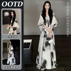 批发国风水墨画睡裙女<b class='q'>夏</b>季纯欲风法式连衣裙睡衣