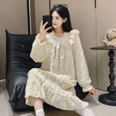 批发纯色绒睡裙秋冬季新款长款睡衣女韩版圆领加厚法兰绒绒裙