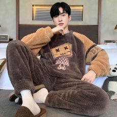 批发冬季新款睡衣男士长毛绒长袖加厚保暖舒适家居服套装