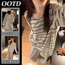 批发日系甜美条纹睡衣女长袖<b class='q'>韩版</b>春秋简约加厚宽松学生