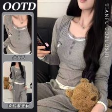 批发<b class='q'>韩版</b>撞色假两件睡衣女春秋季带胸垫坑条长袖