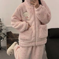 日系可爱睡衣女秋冬季新款长毛绒加厚立领拉链休闲长袖长裤家居服