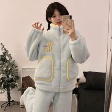 日系可爱睡衣女秋冬季新款长毛绒加厚立领拉链休闲长袖长裤家居服