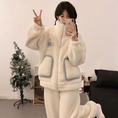 日系可爱睡衣女秋冬季新款长毛绒加厚立领拉链休闲长袖长裤家居服