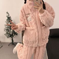 日系可爱睡衣女秋冬季新款长毛绒加厚立领拉链休闲长袖长裤家居服