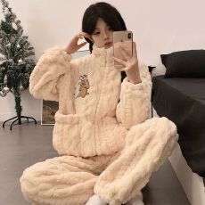 日系可爱睡衣女秋冬季新款长毛绒加厚立领拉链休闲长袖长裤家居服