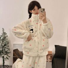 日系可爱睡衣女秋冬季新款长毛绒加厚立领拉链休闲长袖长裤家居服