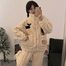 日系可爱睡衣女秋冬季新款长毛绒加厚立领拉链休闲长袖长裤家居服