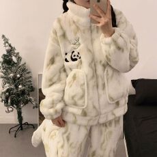 日系可爱睡衣女秋冬季新款长毛绒加厚立领拉链休闲长袖长裤家居服