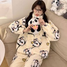 冬季新款法兰绒连帽拉链加绒加厚保暖睡衣甜美卡通日系家居服套装