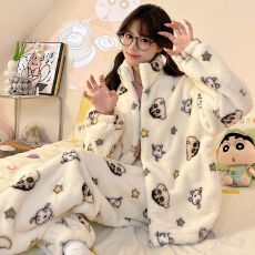 冬季新款法兰绒连帽拉链加绒加厚保暖睡衣甜美卡通日系家居服套装