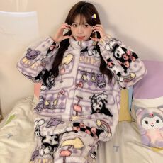 冬季新款法兰绒连帽拉链加绒加厚保暖睡衣甜美卡通日系家居服套装