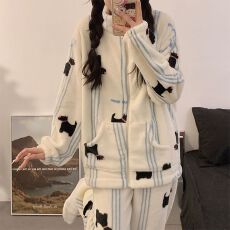 法兰绒暖绒蓝小八冬季新款女绒印花加厚拉链开衫女睡衣