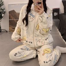 法兰绒暖绒蓝小八冬季新款女绒印花加厚拉链开衫女睡衣