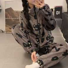 法兰绒暖绒蓝小八冬季新款女绒印花加厚拉链开衫女睡衣