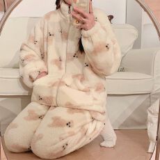 长毛绒冬季新款女绒波点印花加厚拉链开衫女睡衣家居服