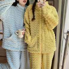 冬季新款提花绒300克拉链纯色睡衣女糖果珊瑚绒加绒加厚