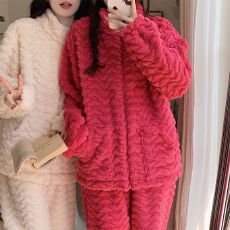 冬季新款提花绒300克拉链纯色睡衣女糖果珊瑚绒加绒加厚