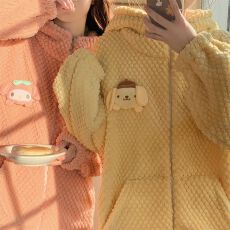 连帽玫瑰绒加厚330克睡衣女甜美可爱手工卡通加绒糖果色