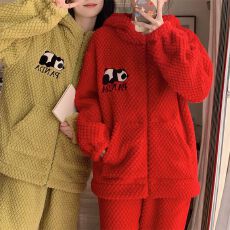 连帽玫瑰绒加厚330克睡衣女甜美可爱手工卡通加绒糖果色