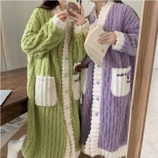 批发冬季 麦穗绒  睡衣女<b class='q'>开衫</b>珊瑚绒厚睡裙甜美家居服