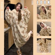 批发带扣秋冬季280克长毛绒珊瑚绒睡衣女连帽大睡袍长款睡裙