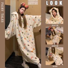 批发带扣秋冬季280克长毛绒珊瑚绒睡衣女连帽大睡袍长款睡裙