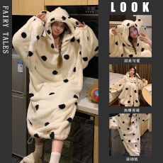 批发带扣秋冬季280克长毛绒珊瑚绒睡衣女连帽大睡袍长款睡裙