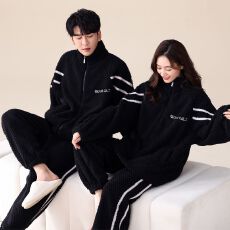 批发情侣睡<b class='q'>衣</b>女男提花绒大V简约<b class='q'>时尚</b>男士睡衣家居服拉链立领