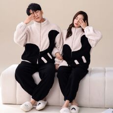 批发情侣睡<b class='q'>衣</b>女男提花绒大V简约<b class='q'>时尚</b>男士睡衣家居服拉链立领