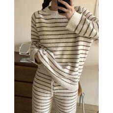 批发白色素描条纹网红ins风睡衣女半边绒加绒摇粒绒韩版家居服