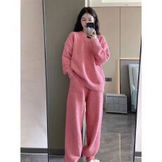 批发圆领粉色套装半边绒网红ins风睡衣女冬季新款摇粒绒家居服