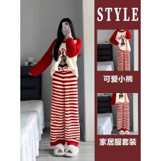 批发红条纹小熊半边绒2025年冬季新款睡衣女网红风韩版家居服