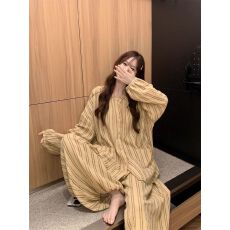 批发圆领条纹2025年春秋季网红风韩版长袖<b class='q'>长裤</b>条纹宽松家居服