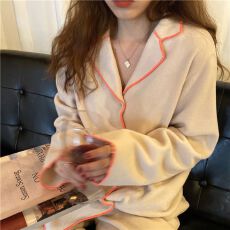 批发杏蓝边网红ins冬季法兰绒新款睡衣女学生家居服加绒加厚