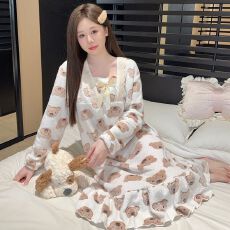 批发法兰绒睡衣女甜美公主风长袖中长睡裙加肥220斤可穿家居服