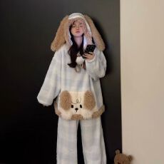 批发珊瑚绒卡通蓝格狗女冬季加厚法兰绒连帽<b class='q'>连体</b>浴袍套家居服睡衣套装