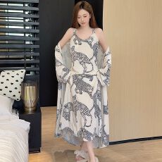 批发秋冬<b class='q'>吊带</b>长袖两件套性感金丝绒<b class='q'>睡裙</b>气质长款印花长裙睡衣女