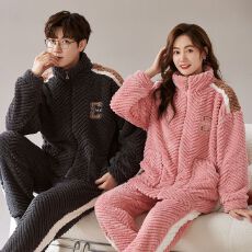 秋冬季法兰绒女睡衣珊瑚绒情侣男家居服加绒加厚拉链长袖套装