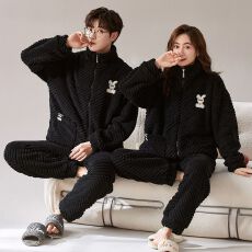 秋冬季法兰绒女睡衣珊瑚绒情侣男家居服加绒加厚拉链长袖套装