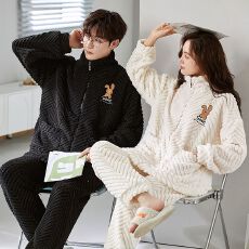 秋冬季法兰绒女睡衣珊瑚绒情侣男家居服加绒加厚拉链长袖套装