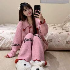 批发韩版甜美少女针织睡衣女秋冬季新款开衫长袖加厚家居服套装