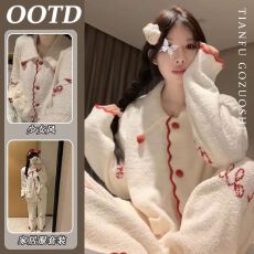 批发韩版甜美少女针织睡衣女秋冬季新款开衫长袖加厚家居服套装