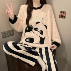 批发冬季新款睡衣女加厚长毛绒少女卡通休闲甜美家居服套装