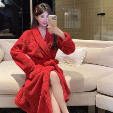 批发冬季加厚半边绒睡衣女网红爆款新年红结婚新娘晨袍长款睡袍