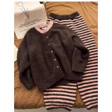 粉棕条纹2025年冬季半边绒新款网红风睡衣女韩版家居服官方