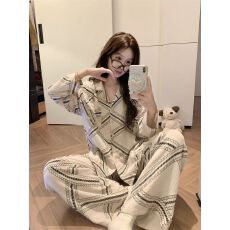 批发复古格纹2026年春秋季新款睡衣女网红风韩版简约家居服