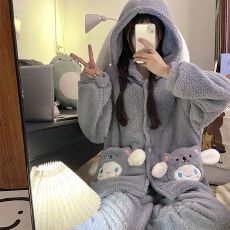 批发秋冬<b class='q'>睡衣</b>女长毛绒卡通少女连帽开衫保暖家居服长袖长裤可外穿套装