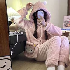 批发秋冬<b class='q'>睡衣</b>女长毛绒卡通少女连帽开衫保暖家居服长袖长裤可外穿套装